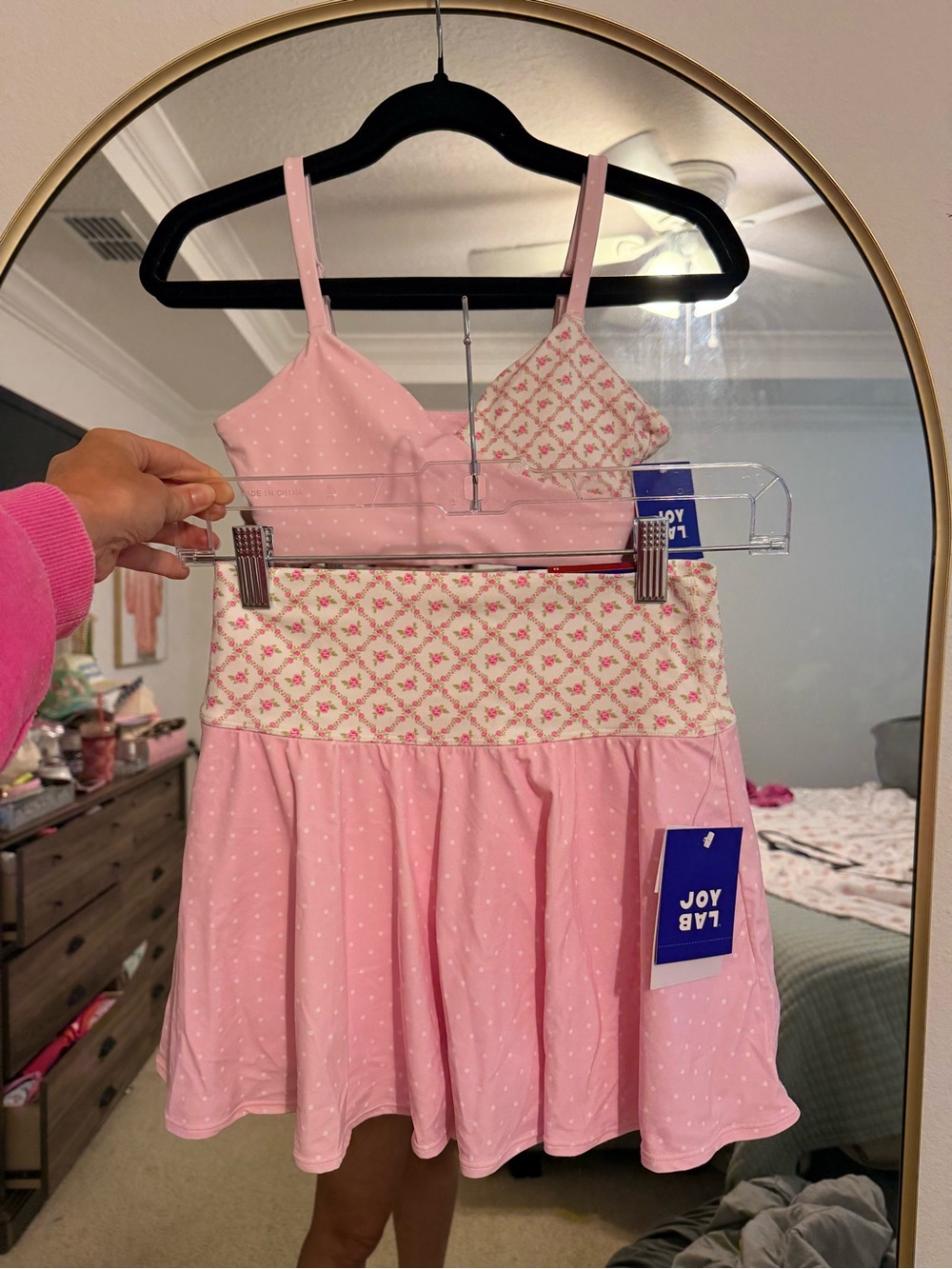 JoyLab Pink Polka Dot Floral Trim Two-Piece Skort Set